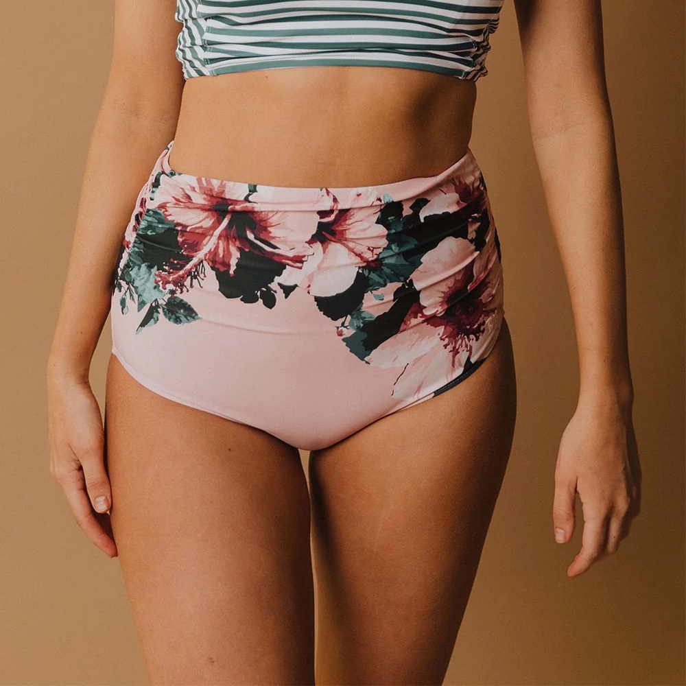 EUC Albion Bronte Ruched HIgh Waisted Floral Bikini Bottoms Sz L $64 Sculpting